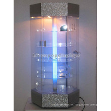 Diseño personalizado Tablero de mesa Iluminación giratoria de 5 niveles Tienda minorista Vitrinas comerciales de vidrio